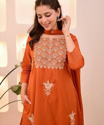 Orange cotton u  embroidered 3-piece anarkali suit set 2