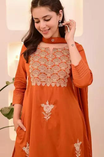Orange cotton u  embroidered 3-piece anarkali suit set