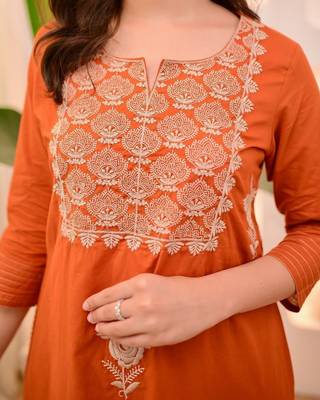 Orange cotton u  embroidered 3-piece anarkali suit set 3