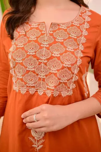 Orange cotton u  embroidered 3-piece anarkali suit set