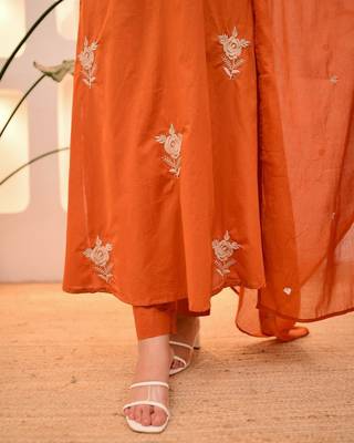 Orange cotton u  embroidered 3-piece anarkali suit set 4
