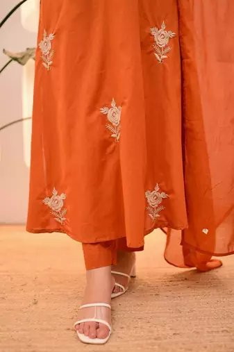 Orange cotton u  embroidered 3-piece anarkali suit set