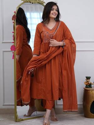 Orange v-neck ethnic embroidered indian salwar kameez kurti pant dupatta set for women 1