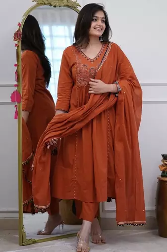 Orange v-neck ethnic embroidered indian salwar kameez kurti pant dupatta set for women