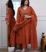 Orange v-neck ethnic embroidered indian salwar kameez kurti pant dupatta set for women