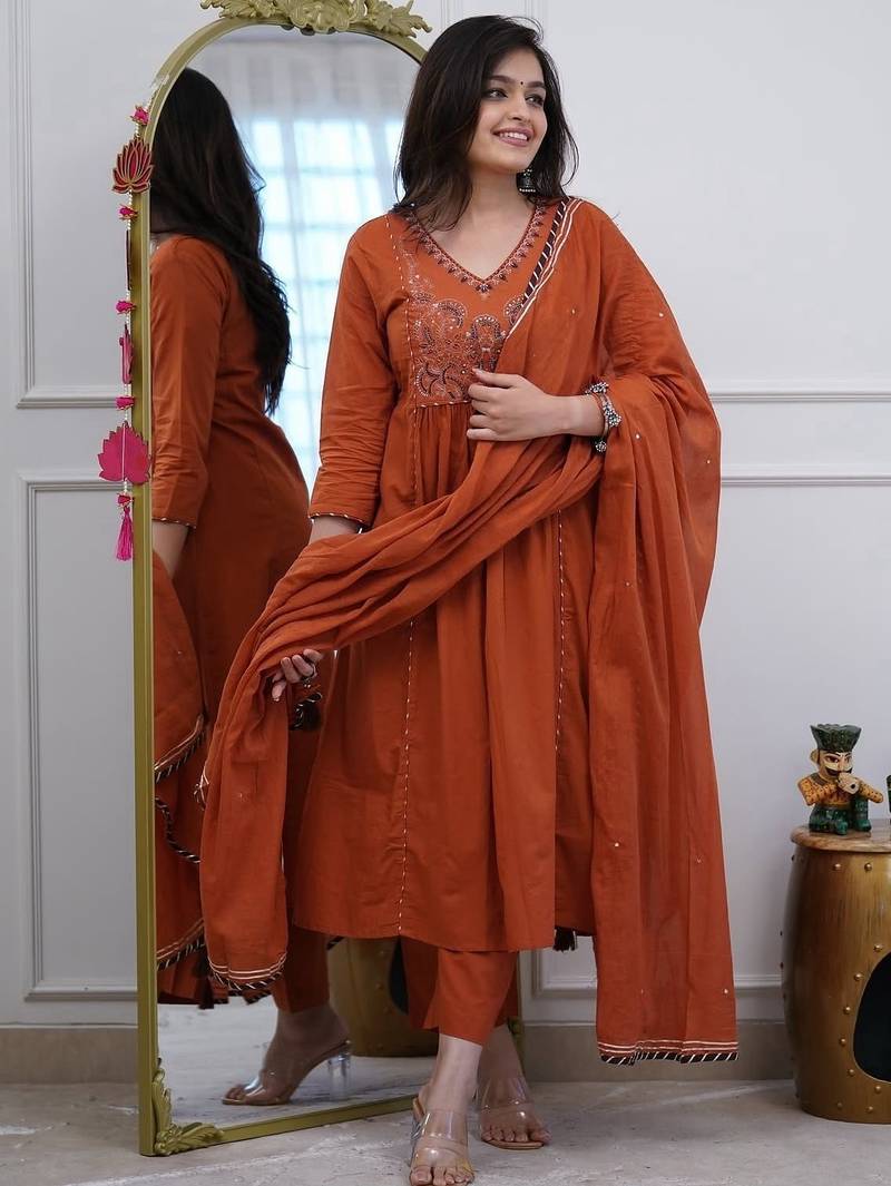 Orange v-neck ethnic embroidered indian salwar kameez kurti pant dupatta set for women