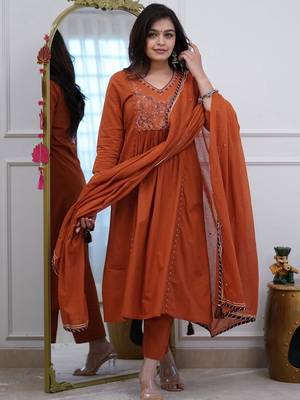 Orange v-neck ethnic embroidered indian salwar kameez kurti pant dupatta set for women 2