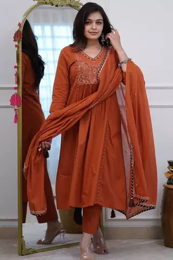 Orange v-neck ethnic embroidered indian salwar kameez kurti pant dupatta set for women