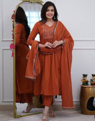 Orange v-neck ethnic embroidered indian salwar kameez kurti pant dupatta set for women 3