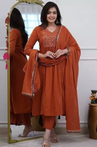 Orange v-neck ethnic embroidered indian salwar kameez kurti pant dupatta set for women