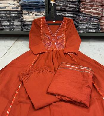 Orange v-neck ethnic embroidered indian salwar kameez kurti pant dupatta set for women 5