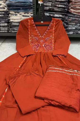 Orange v-neck ethnic embroidered indian salwar kameez kurti pant dupatta set for women