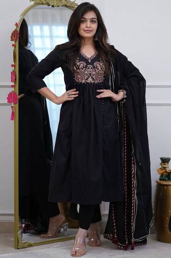 Black v-neck ethnic embroidered indian salwar kameez kurti pant dupatta set for women