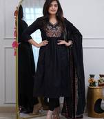 Black v-neck ethnic embroidered indian salwar kameez kurti pant dupatta set for women
