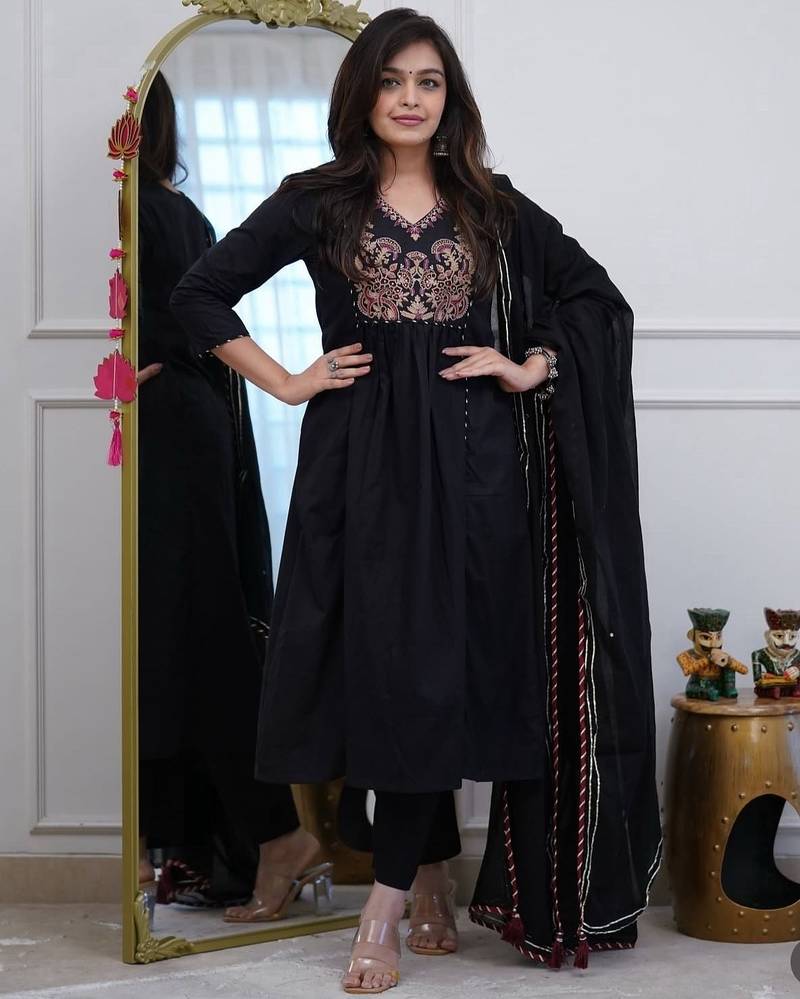 Black v-neck ethnic embroidered indian salwar kameez kurti pant dupatta set for women