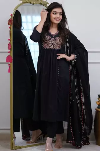Black v-neck ethnic embroidered indian salwar kameez kurti pant dupatta set for women