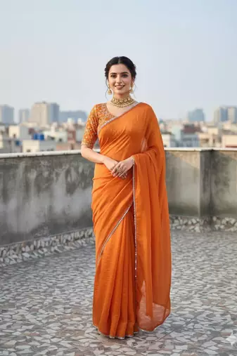 orange color mirror lace attched Saree satin Saree
