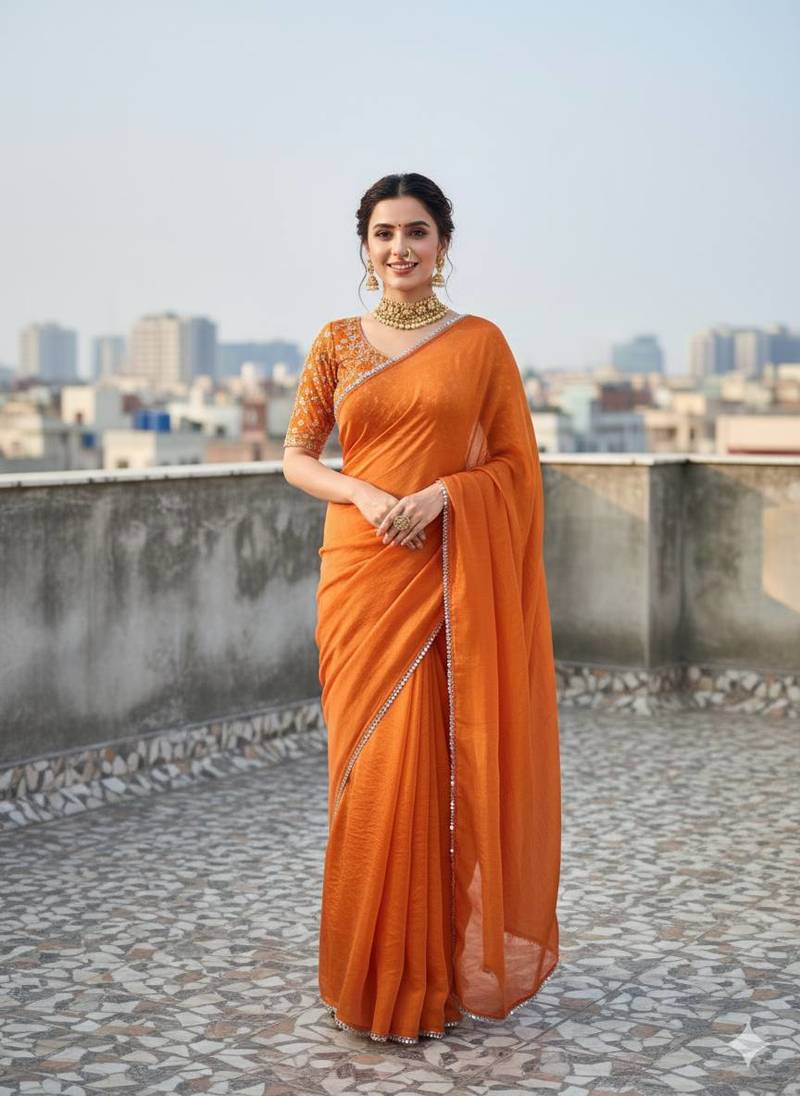 orange color mirror lace attched Saree satin Saree