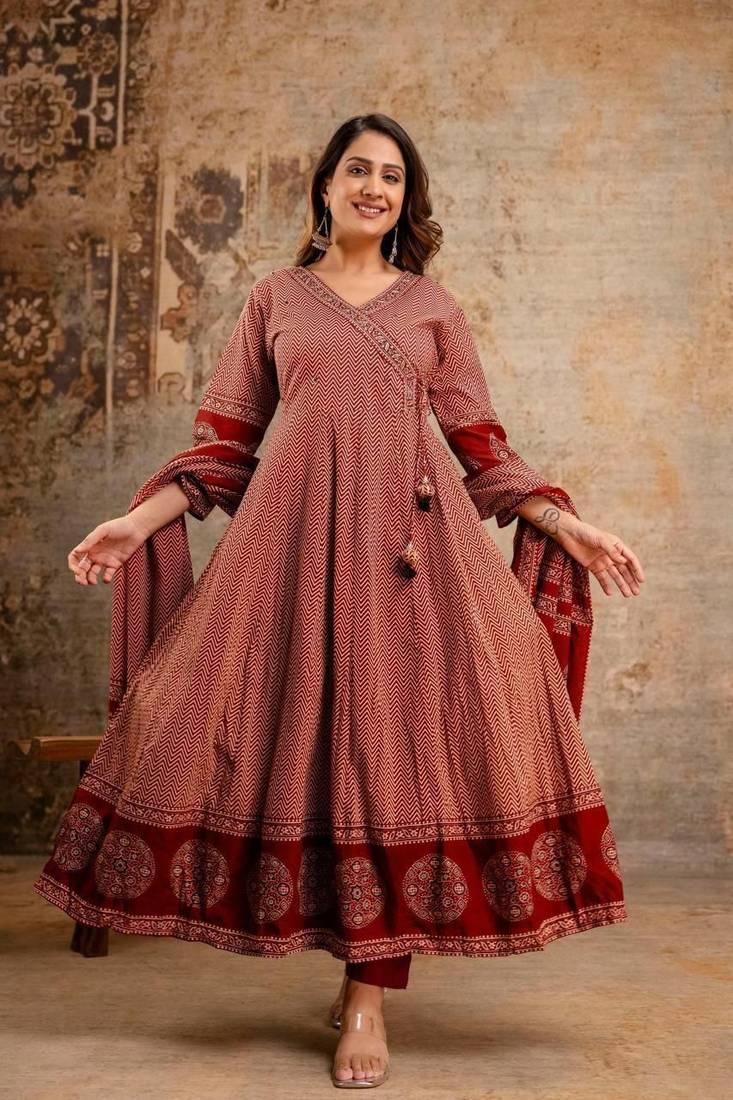 Red chevron printed anarkali kurta set