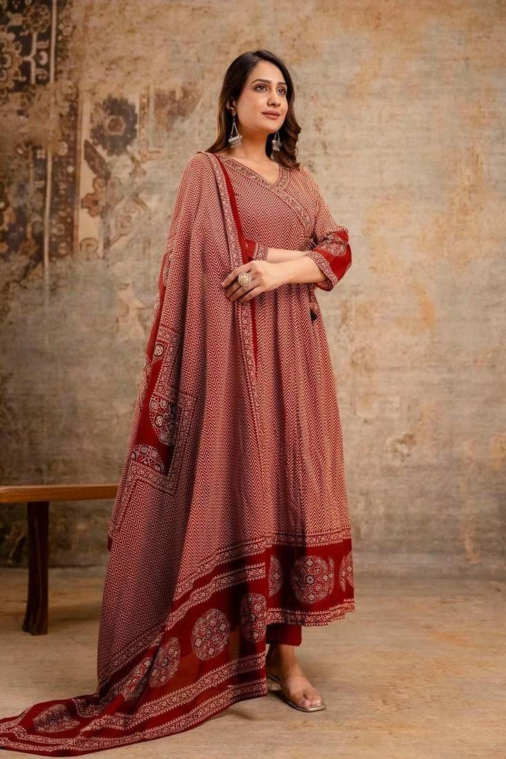 Red chevron printed anarkali kurta set