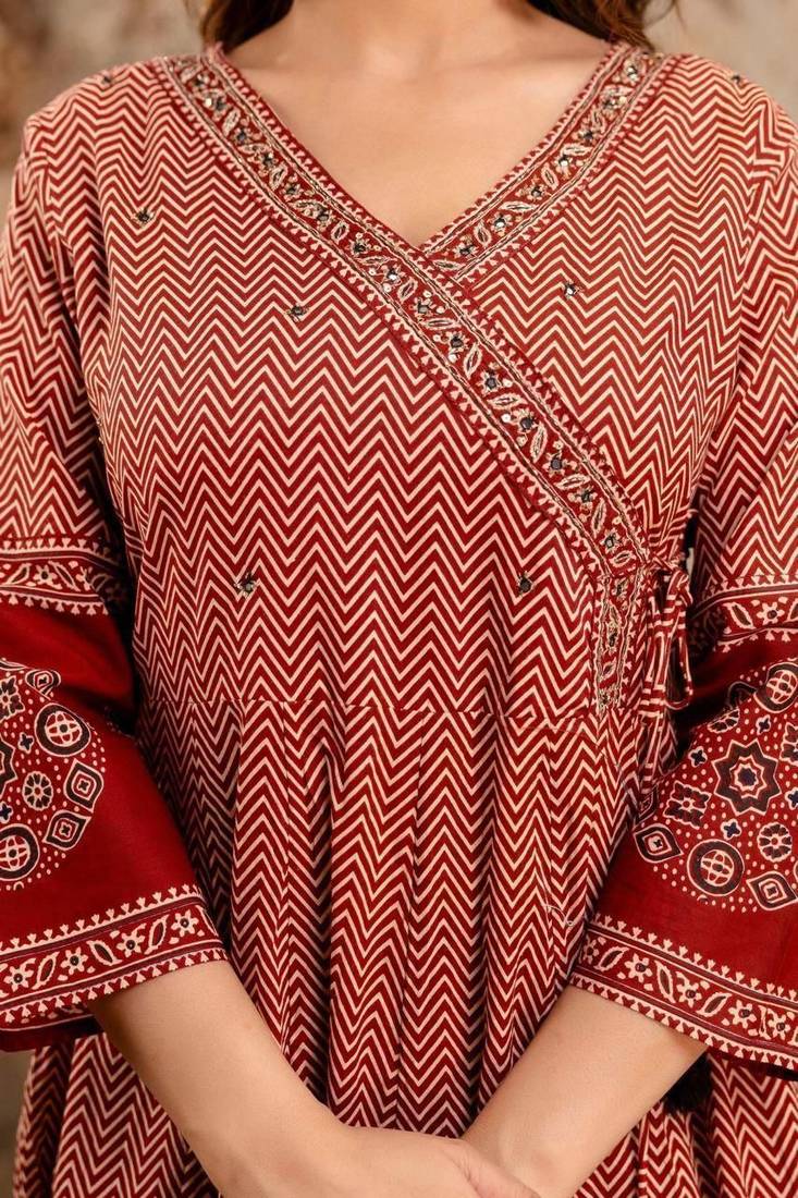 Red chevron printed anarkali kurta set