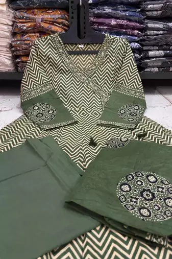Green chevron printed anarkali kurta set