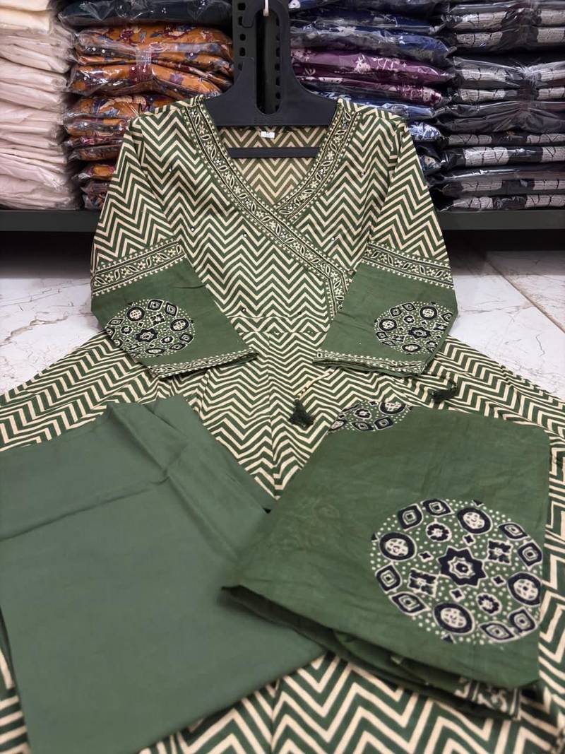 Green chevron printed anarkali kurta set