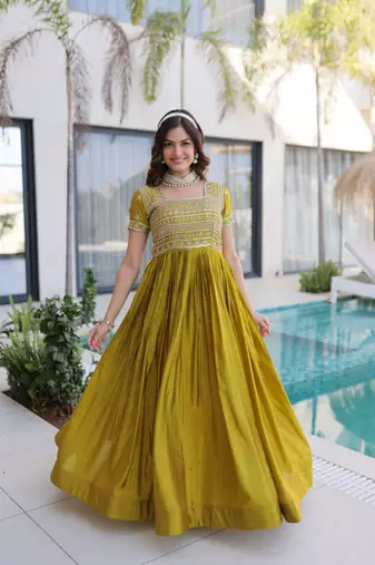 Mehendi women ho fabric sequins & zari embroidered gown with pipe beads work