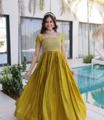 Mehendi women ho fabric sequins & zari embroidered gown with pipe beads work