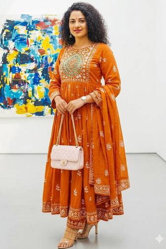 Orange heart-neck ethnic ckl embroidered indian salwar kameez kurti pant dupatta set for women