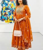 Orange heart-neck ethnic ckl embroidered indian salwar kameez kurti pant dupatta set for women