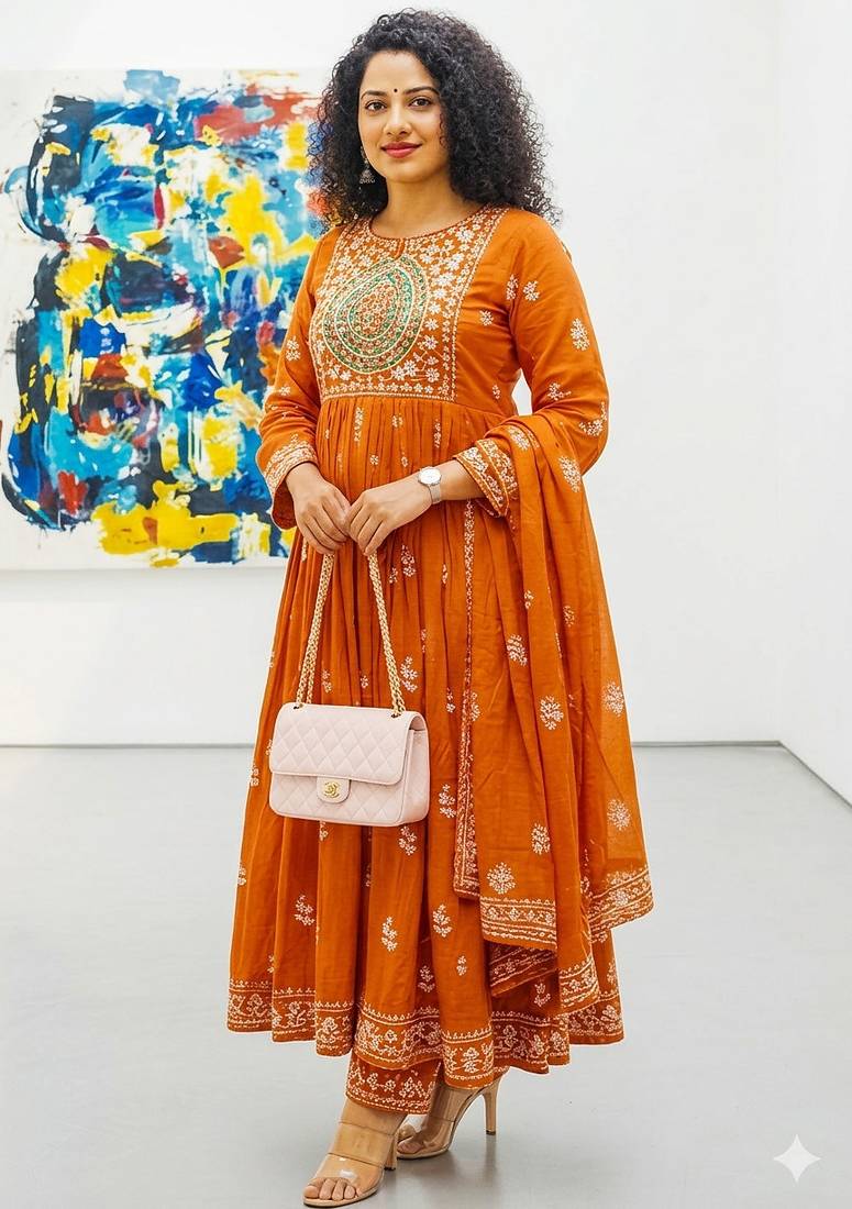 Orange heart-neck ethnic ckl embroidered indian salwar kameez kurti pant dupatta set for women