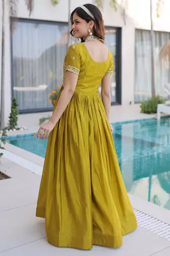 Mehendi women ho fabric sequins & zari embroidered gown with pipe beads work