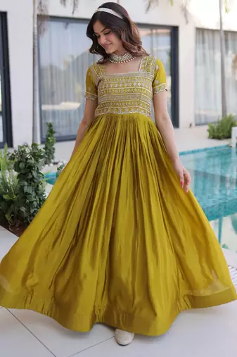 Mehendi women ho fabric sequins & zari embroidered gown with pipe beads work