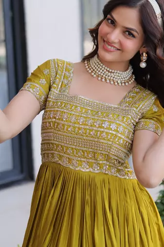 Mehendi women ho fabric sequins & zari embroidered gown with pipe beads work