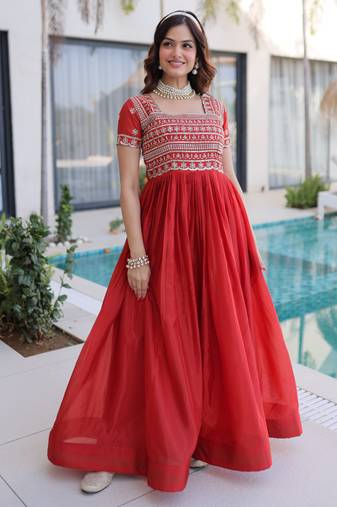 Orange women ho fabric sequins & zari embroidered gown with pipe beads work