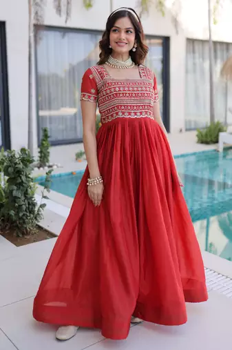 Orange women ho fabric sequins & zari embroidered gown with pipe beads work