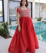 Orange women ho fabric sequins & zari embroidered gown with pipe beads work