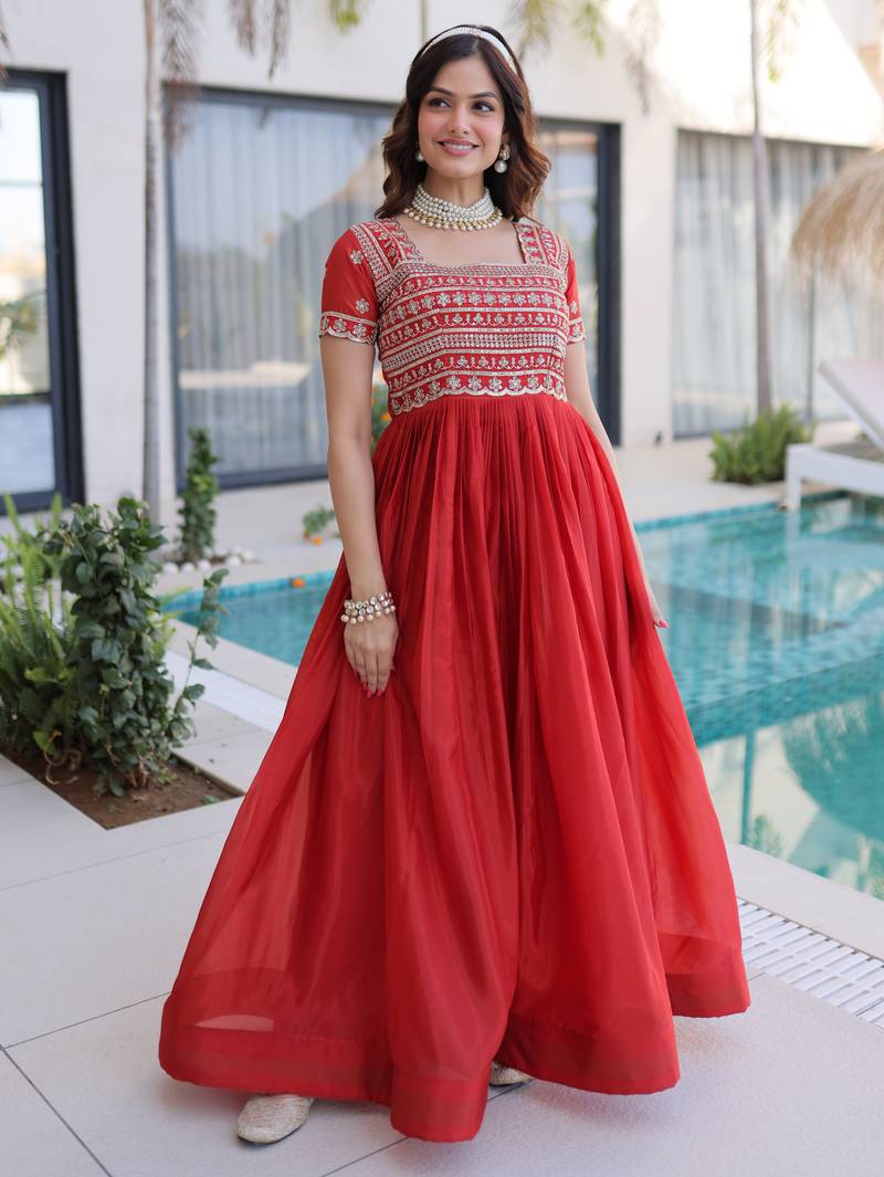 Orange women ho fabric sequins & zari embroidered gown with pipe beads work