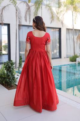 Orange women ho fabric sequins & zari embroidered gown with pipe beads work 2