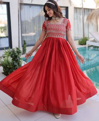 Orange women ho fabric sequins & zari embroidered gown with pipe beads work 3