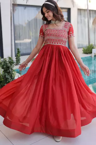 Orange women ho fabric sequins & zari embroidered gown with pipe beads work