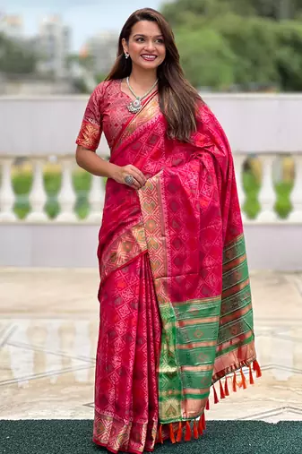 Pink patola silk lagdi pallu zari weaving saree with contrast blouse piece