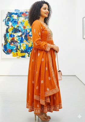 Orange heart-neck ethnic ckl embroidered indian salwar kameez kurti pant dupatta set for women 2