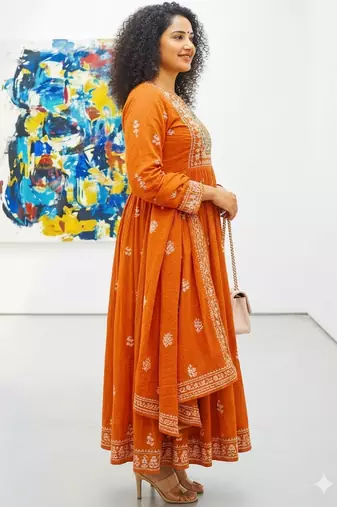 Orange heart-neck ethnic ckl embroidered indian salwar kameez kurti pant dupatta set for women