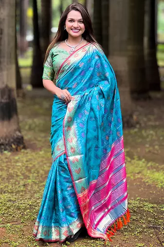 Blue patola silk lagdi pallu zari weaving saree with contrast blouse piece
