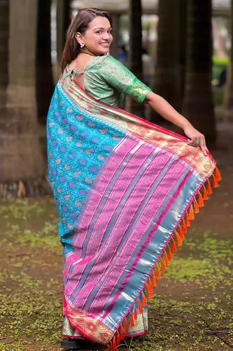 blue patola silk zari weaving saree with lagdi pallu