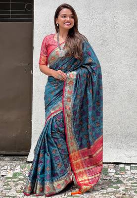 teal patola silk zari weaving saree with lagdi pallu 1