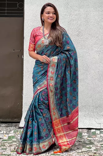 Teal patola silk lagdi pallu zari weaving saree with contrast blouse piece