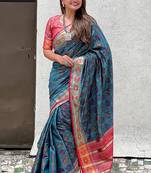 teal patola silk zari weaving saree with lagdi pallu